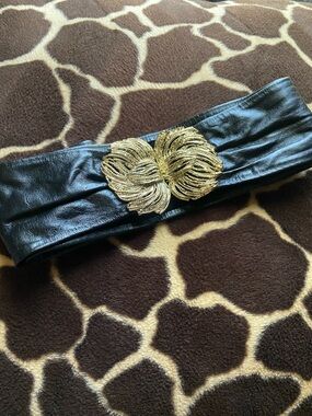 Vintage 80’s Black Leather Belt With Gold Tone Buckle
